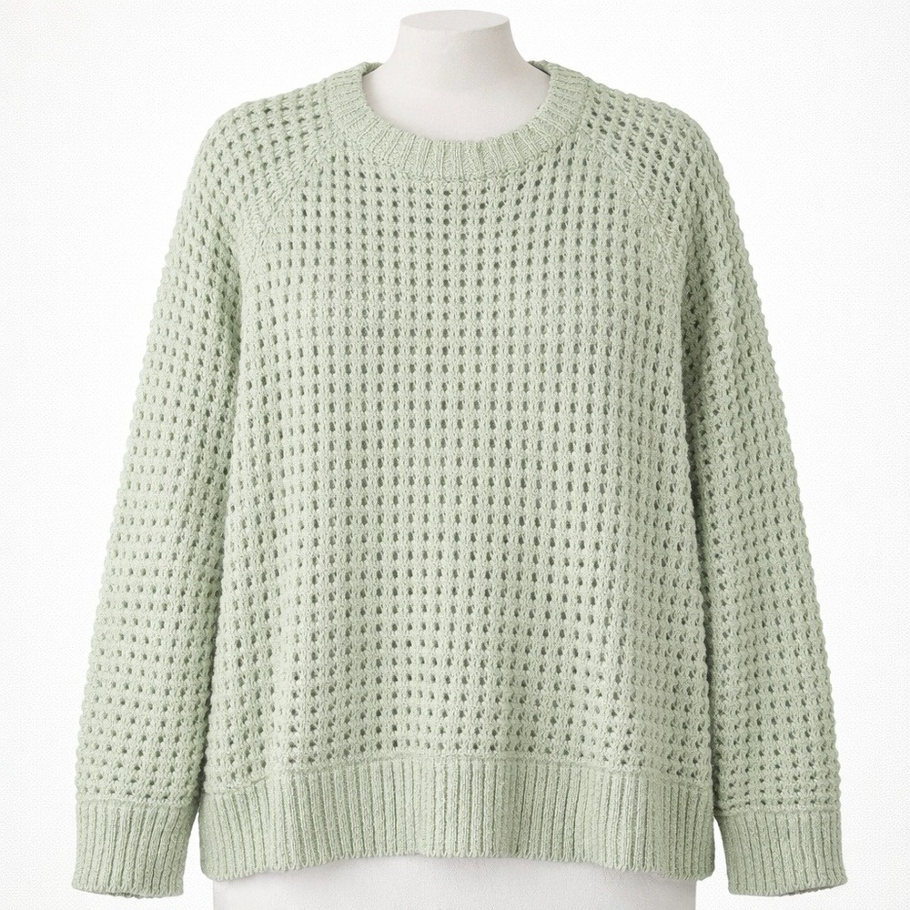 Waffle Open Knit Oversized Crewneck Sweater Green Size L Raglan‎ Sleeve